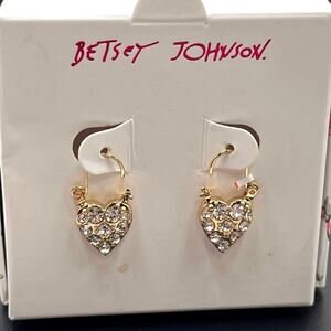 Betsey Johnson Romantic Crystal Heart Lock Drop‎ Gold Tone Earrings New